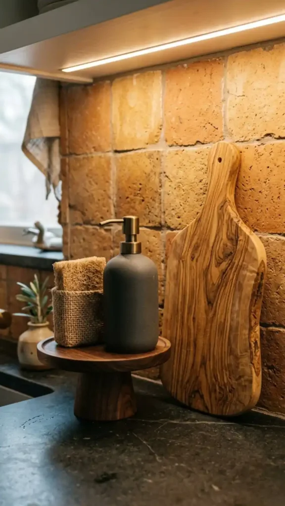Dark-wood-pedestal-with-ceramic-soap-dispenser-and-olive-wood-board