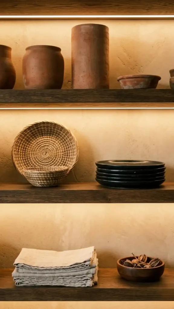 Dark-stained-open-wood-shelves-with-terracotta-vessels-and-linen-napkins
