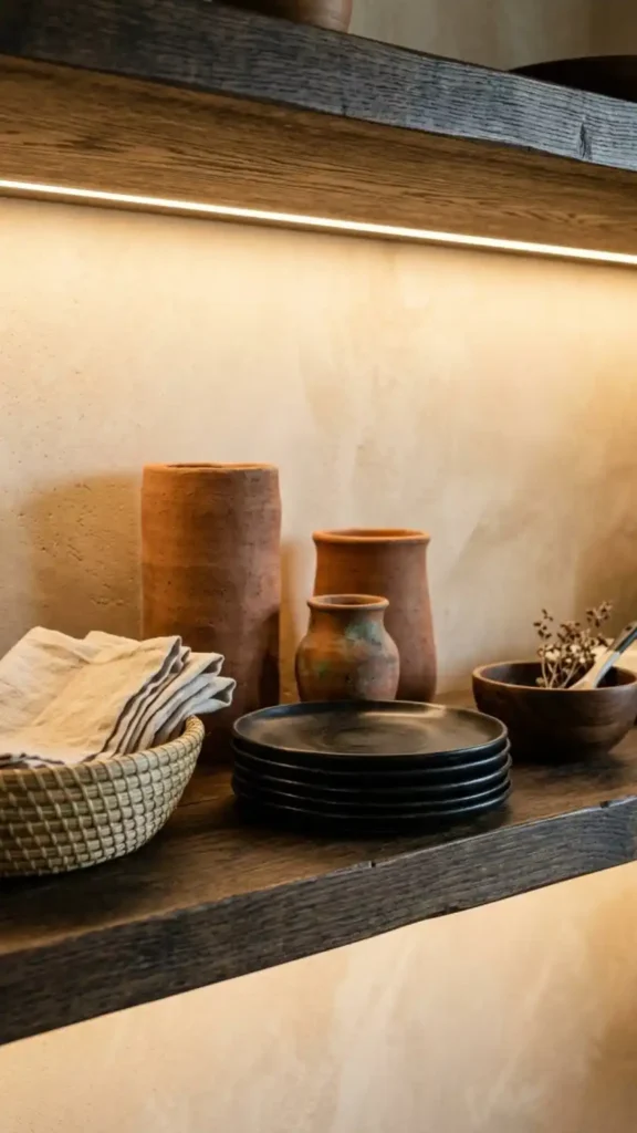 Dark-stained-open-wood-shelves-with-terracotta-vessels-and-baskets