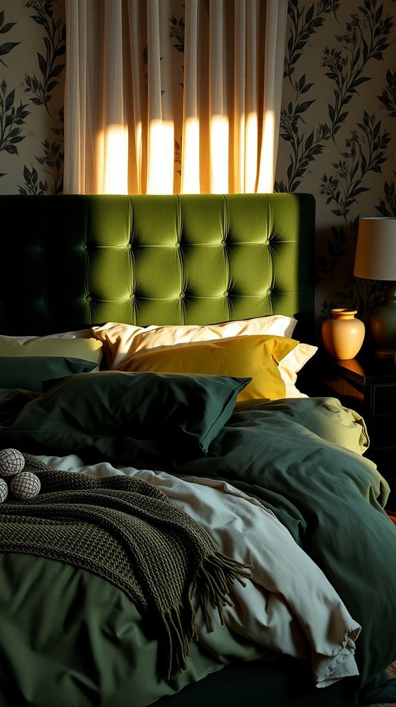 dark green upholstered headboard accents