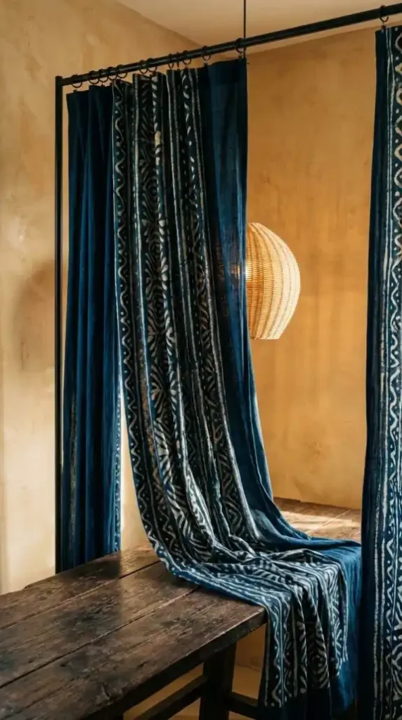 Deep-indigo-batik-curtain-panels-hung-on-slim-matte-black-rod