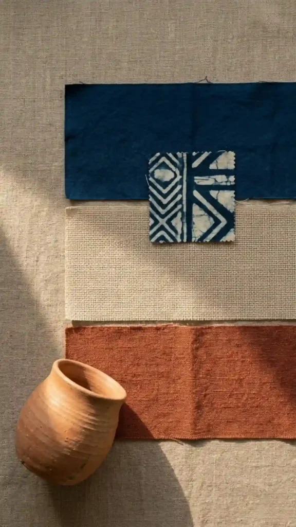 deep-plant-dye-indigo-cotton-undyed-raw-linen-canvas-burnt-terracotta-woven-fabric