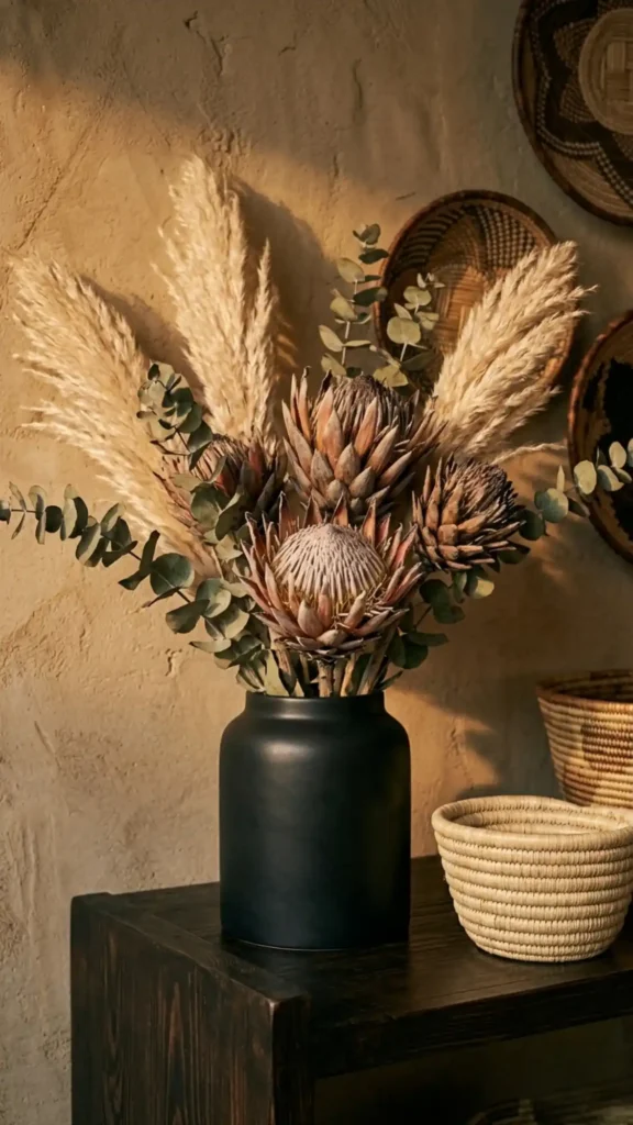 dried-pampas-grass-and-protea-in-a-matte-black-ceramic-vessel-on-a-dark-shelf
