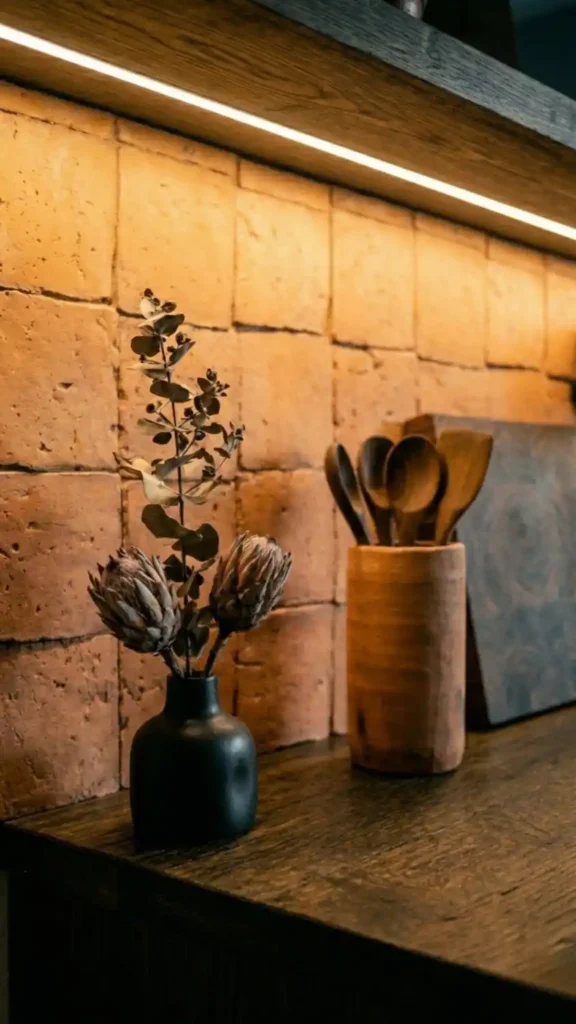 Dried-botanical-arrangement-in-matte-black-ceramic-vessel-on-kitchen-counter