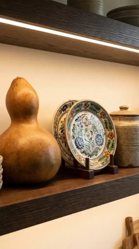 Calabash-gourd-and-hand-painted-ceramic-plates-displayed-on-open-shelf