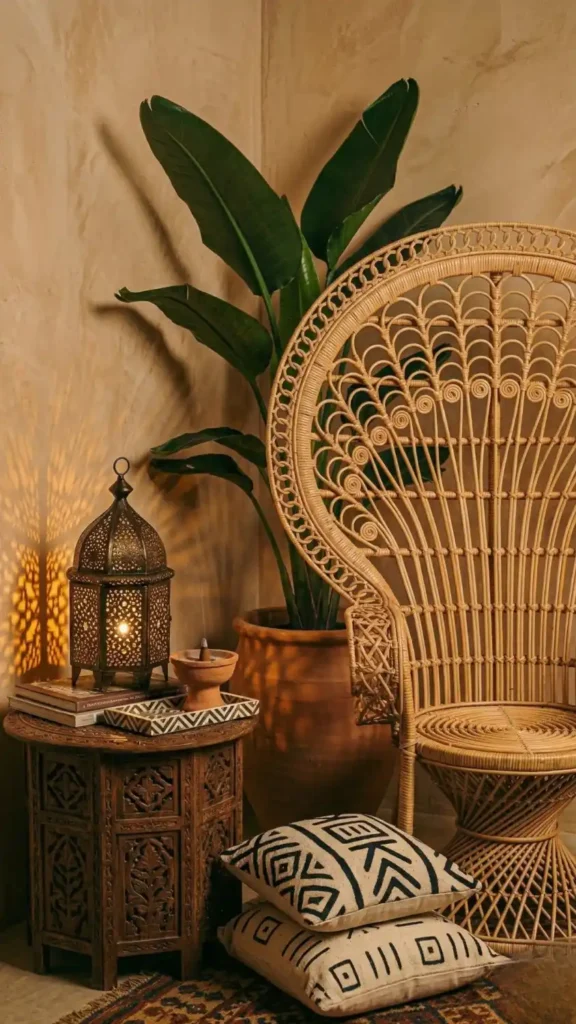 Rattan-peacock-chair-nook-with-mud-cloth-and-Bird-of-Paradise