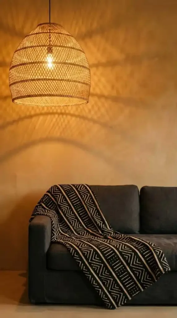editorial-shot-of-a-large-rattan-pendant-light-installed-in-an-afro-bohemian-decorated-room