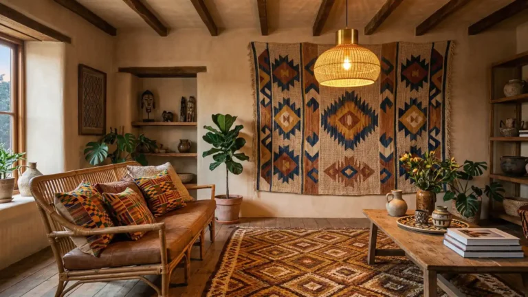 editorial-shot-of-an-afro-bohemian-living-room-showing-three-distinct-layers-of-pattern-simultaneously