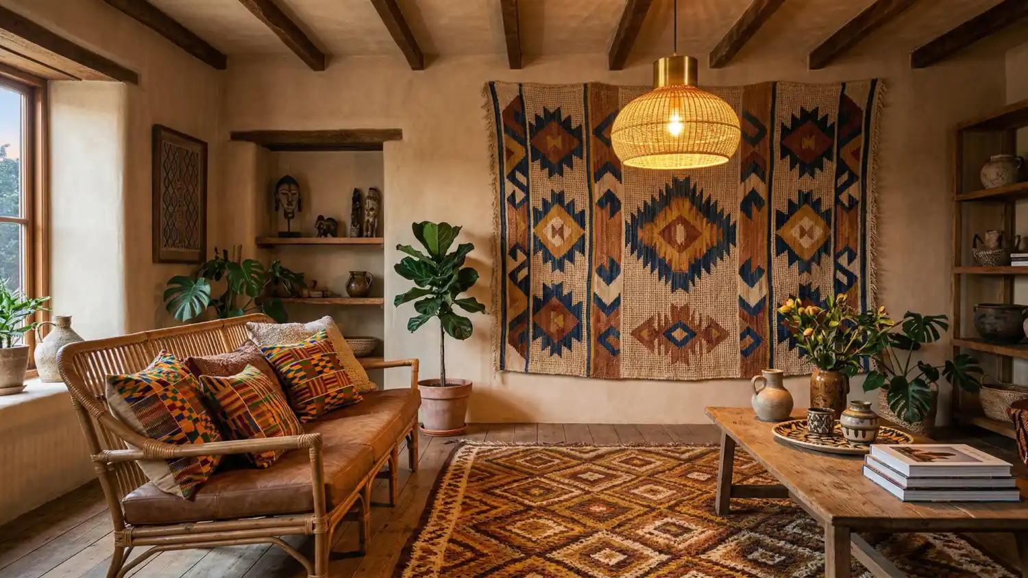 editorial-shot-of-an-afro-bohemian-living-room-showing-three-distinct-layers-of-pattern-simultaneously