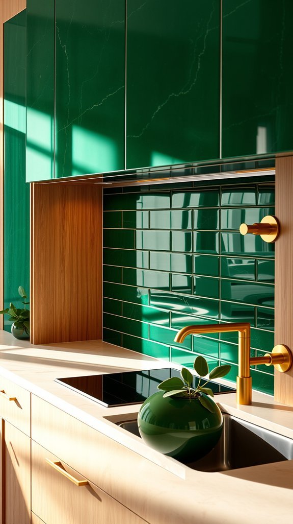 emerald backsplash with glossy subway tiles