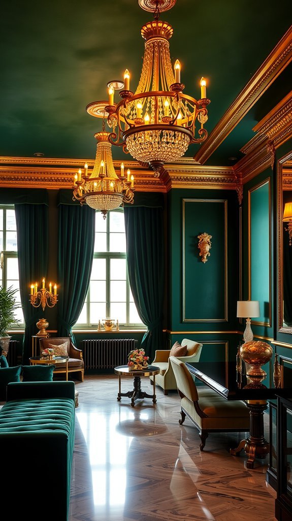 emerald interiors gold chandelier glow