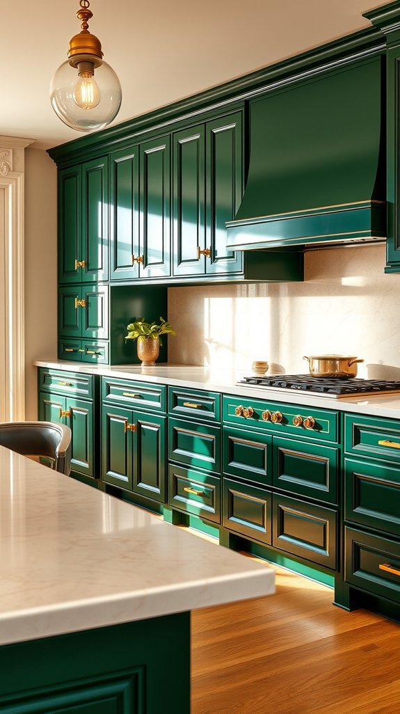 emerald jewel tone cabinets gleam