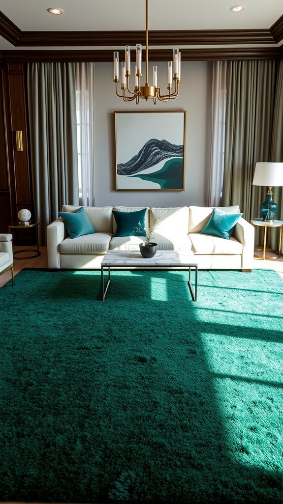 emerald rug anchors space luxuriously