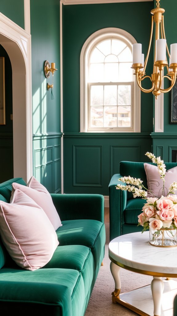 emerald softened with blush and cream