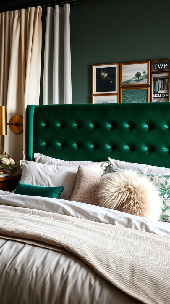emerald velvet headboard makes statement