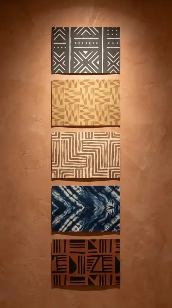 five-distinct-afro-bohemian-wallpaper-swatches-vertical-row-terracotta-plaster-wall-beginner-comparison