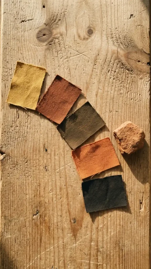 mix-soulful-earth-tones-flat-lay-of-five-earth-pigment-swatches-arranged-in-a-loose-arc-on-a-raw-unfinished-wood-surface