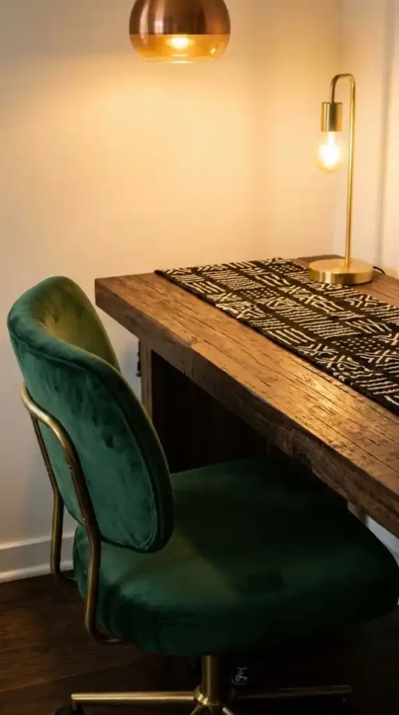 Forest-green-velvet-desk-chair-at-reclaimed-dark-walnut-office-desk