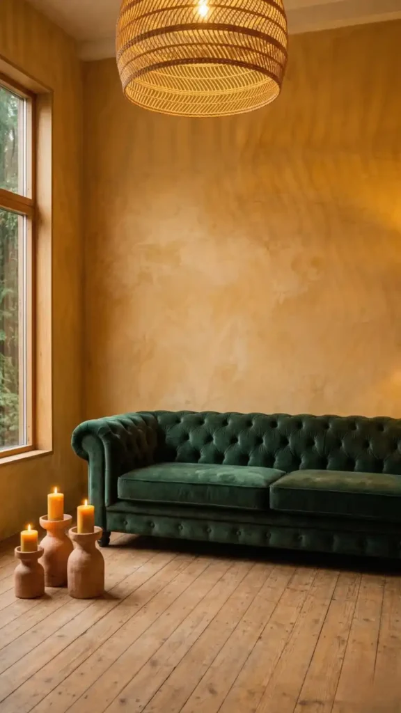 Forest-green-velvet-sofa-positioned-against-warm-ochre-plaster-wall