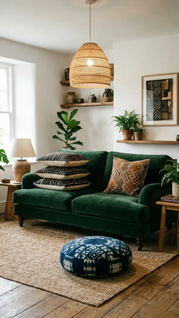 Deep-forest-green-velvet-sofa-with-mud-cloth-and-cushions
