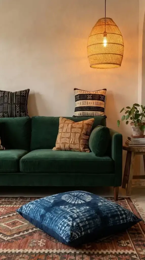 Forest-green-velvet-sofa-with-mud-cloth-and-indigo-floor-cushion