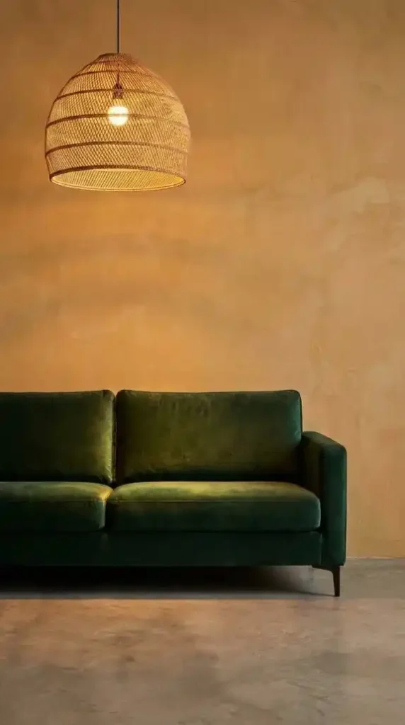 Forest-green-velvet-sofa-alone-in-warm-ochre-plaster-room