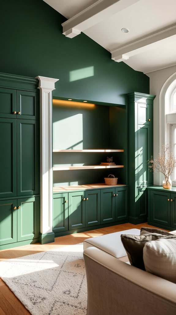 forest green accents throughout spaces