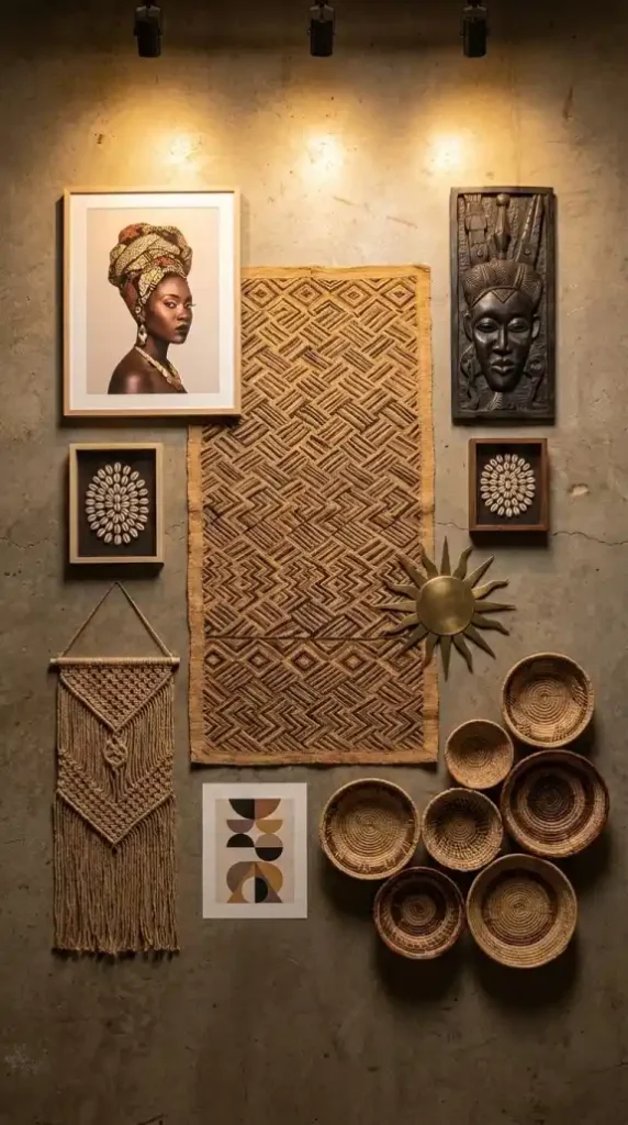 Full-Afro-Bohemian-gallery-composition-laid-out-on-floor-before-mounting