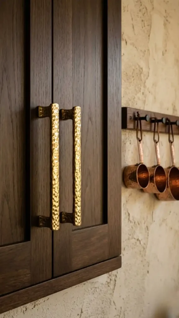 Hammered-brass-cabinet-bar-pulls-on-dark-stained-wood-kitchen-doors