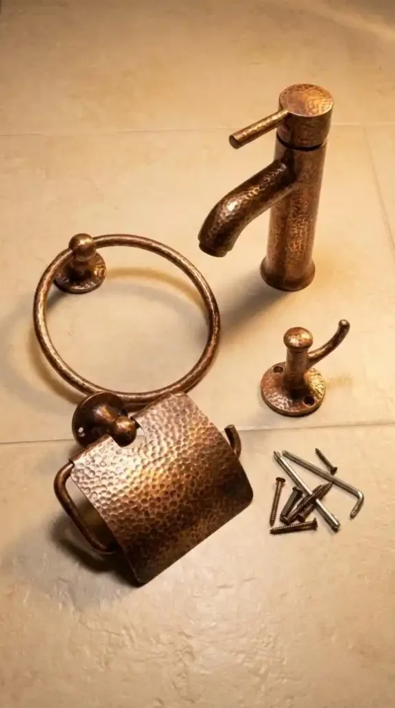 hammered-copper-bathroom-hardware-set-cream-tile-surface-pre-installation