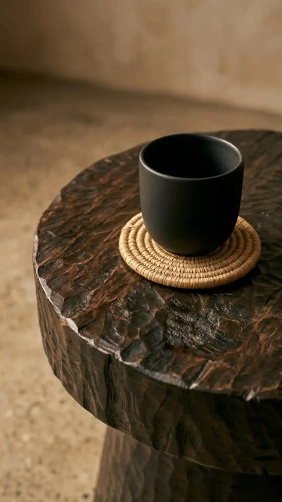close-up-of-a-carved-mango-wood-table-surface-with-a-black-ceramic-cup-and-trivet