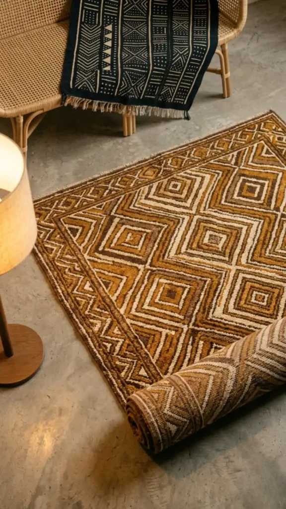 Hand-knotted-geometric-wool-rug-unrolled-on-concrete-floor