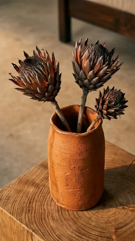 hand-thrown-burnt-orange-terracotta-vessel-holding-dried-protea-stems-on-a-raw-wooden-surface-under-warm-lighting.