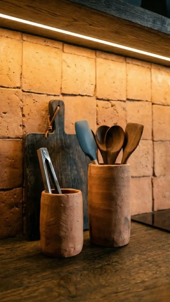 Two-hand-thrown-terracotta-utensil-holders-on-Afro-Bohemian-kitchen-counter