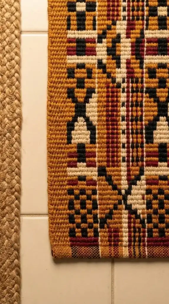 a hand-woven kente-inspired bath mat in ochre, black, and cream geometric pattern positioned at the shower exit point