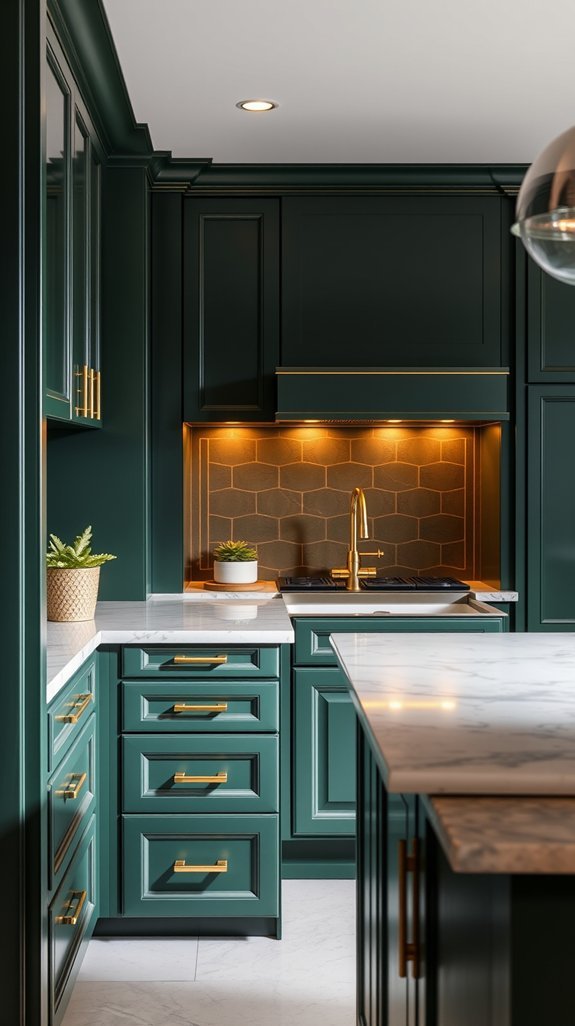 hunter green cabinetry with brass accents
