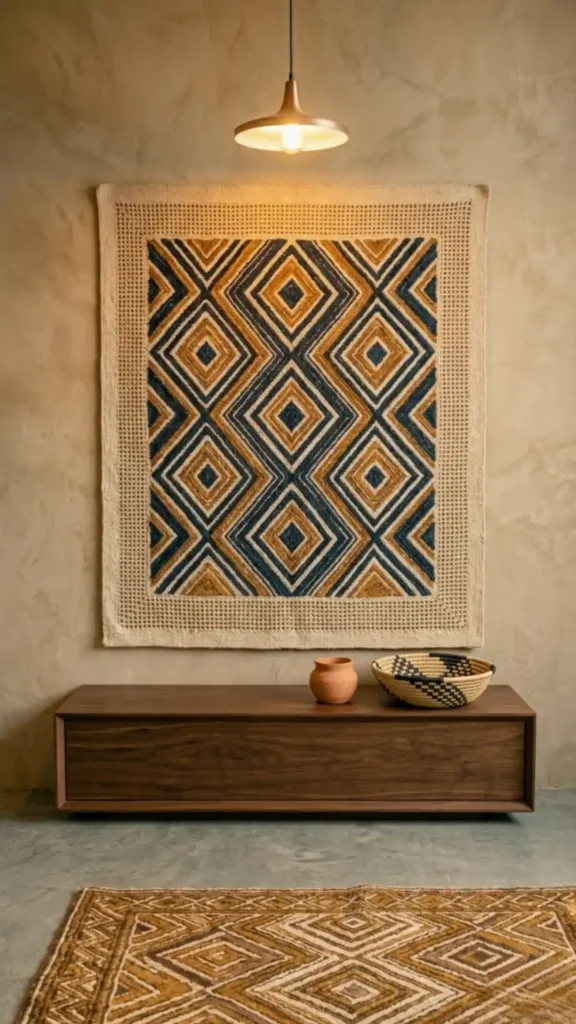 Indigo-ochre-woven-tapestry-hung-low-above-dark-console
