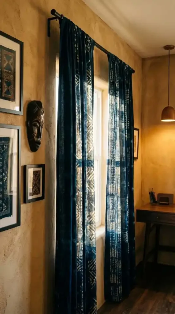 Indigo-batik-curtain-panels-being-hung-on-slim-matte-black-rod