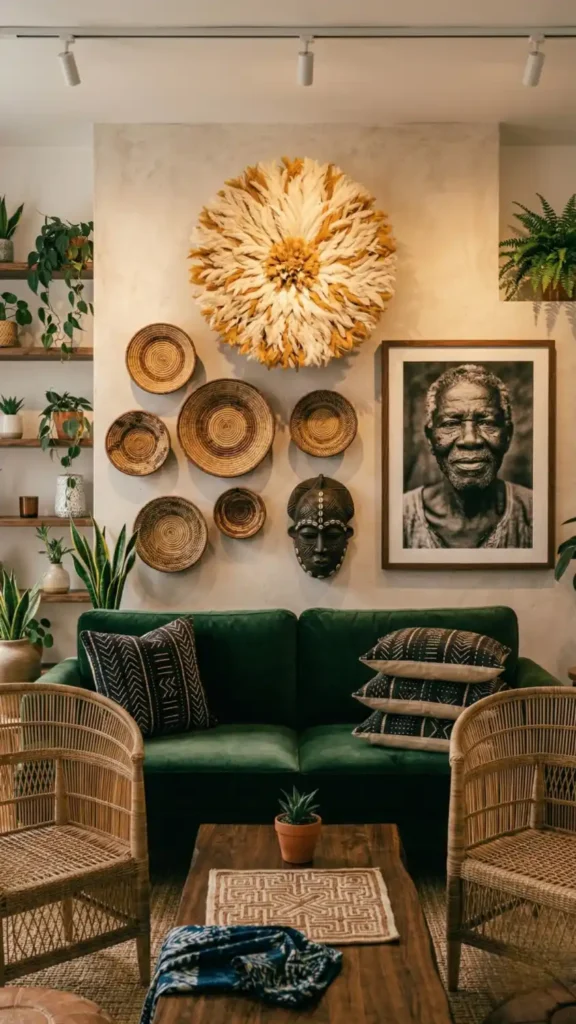 Afro-Bohemian-heritage-gallery-wall-with-juju-hat-and-baskets