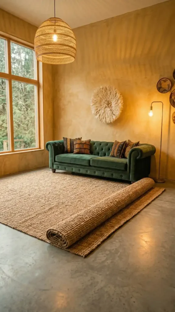 Large-natural-jute-rug-unrolled-under-forest-green-velvet-sofa