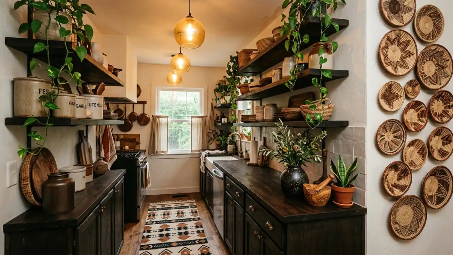 Fully-styled-Afro-Bohemian-kitchen-with-rattan-pendant-and-basket-gallery