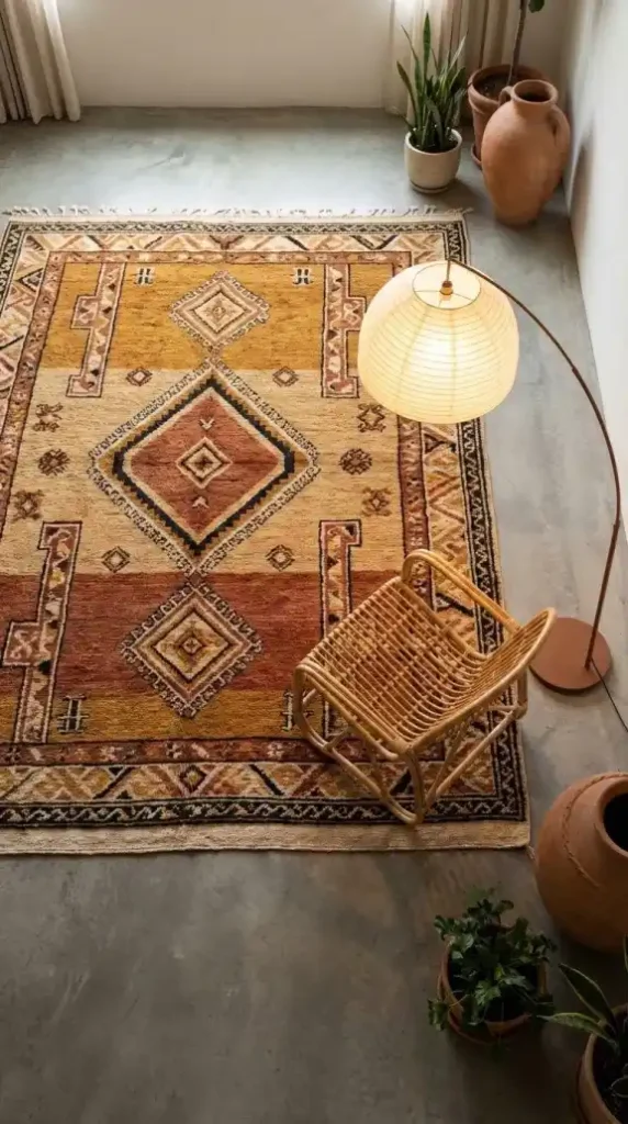 knotted-geometric-rug-occupying-most-of-the-floor-plane-low-rattan-chair-sits-at-the-rug-edge