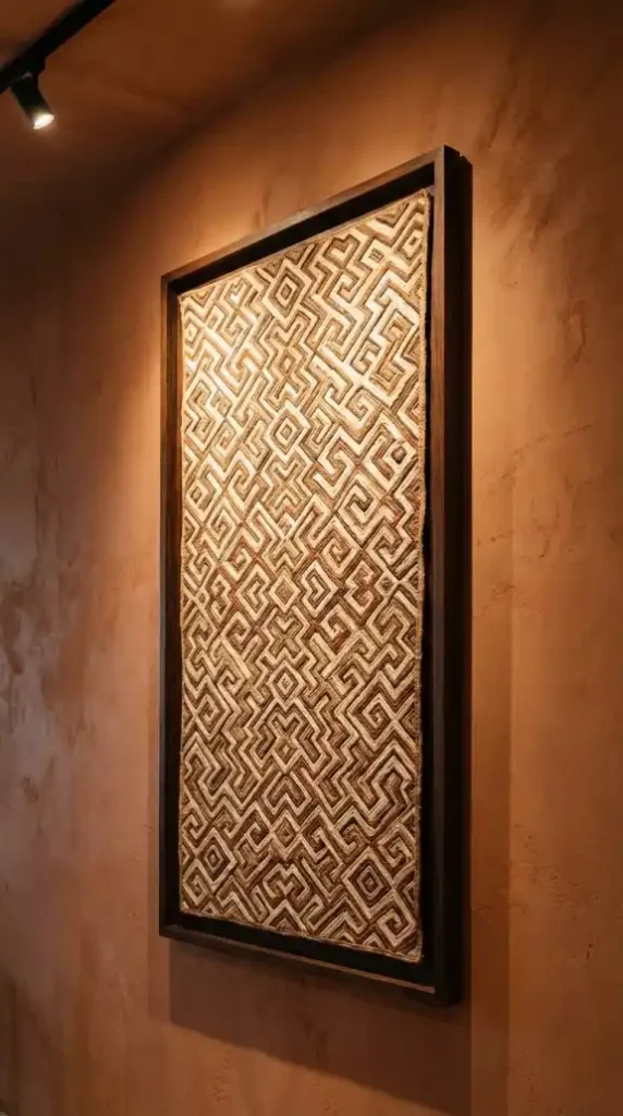 Large-Kuba-cloth-textile-panel-mounted-alone-on-terracotta-plaster-wall