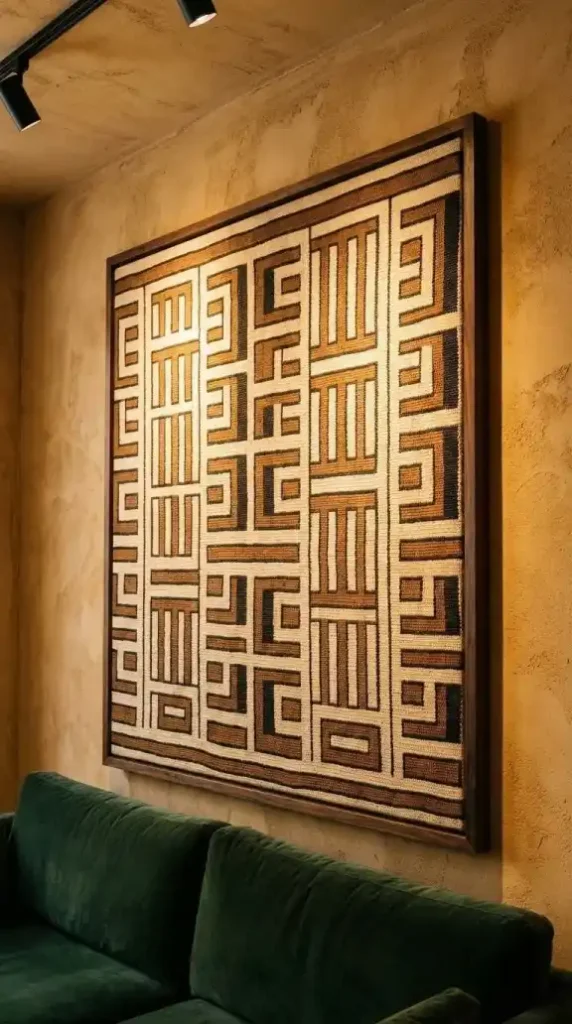 Large-Kuba-cloth-panel-mounted-as-structured-wall-hanging