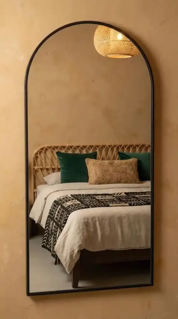 large-arched-floor-mirror-with-a-thin-matte-black-metal-frame-leaning-against-a-warm-ochre-bedroom-wall