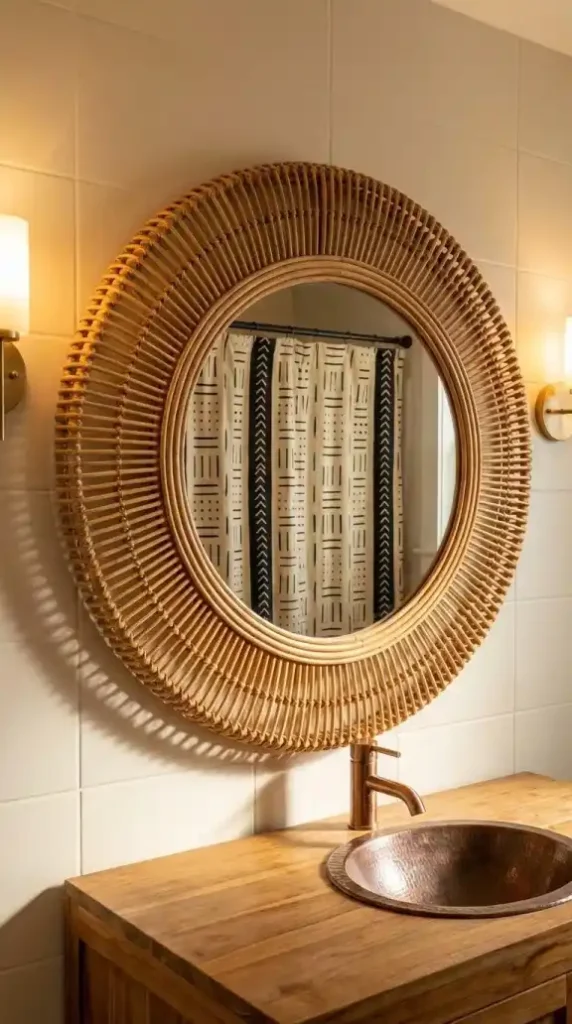 large-circular-rattan-framed-mirror-teak-vanity-cream-tile-bathroom-wall
