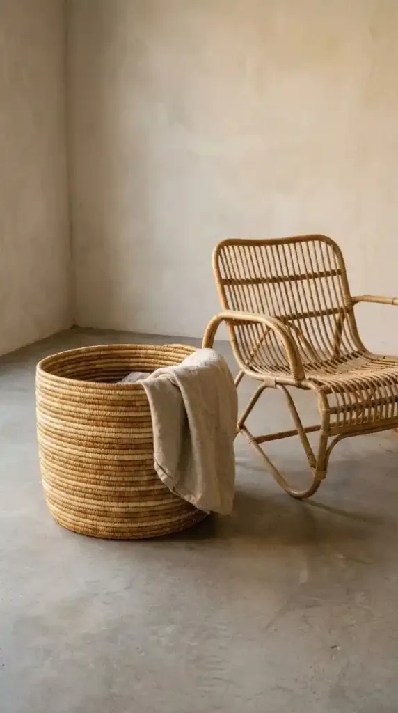 large-coiled-grass-basket-in-honey-and-cream-tones-sitting-on-a-raw-concrete-floor
