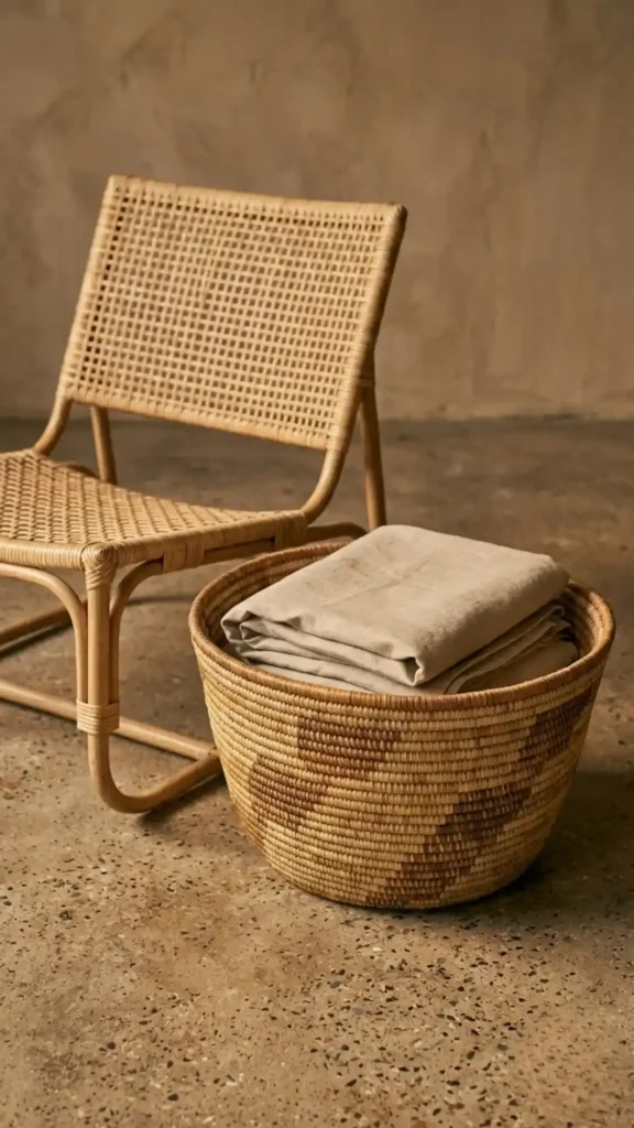 coiled-grass-basket-in-honey-and-cream-tones-on-concrete-beside-rattan-chair-holding-folded-linen-throw-under-warm-lighting.