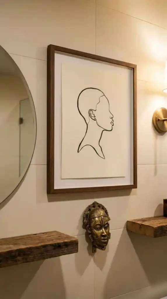 large-framed-line-drawing-of-an-african-silhouette-profile-in-matte-black-ink-on-cream-paper