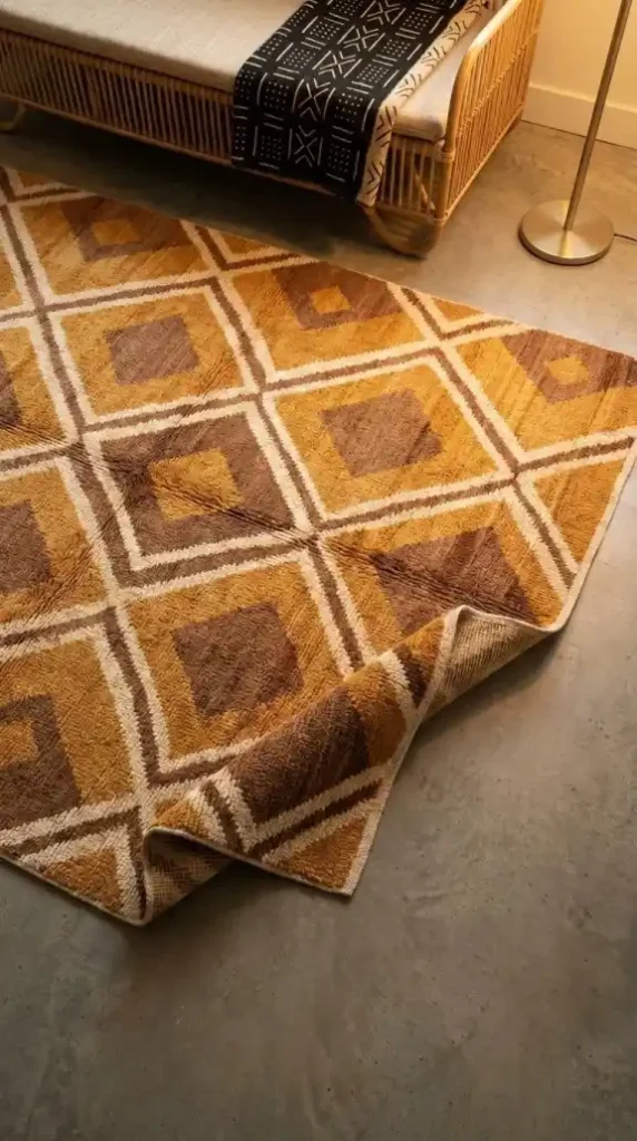 large-hand-knotted-wool-rug-in-ochre-warm-brown-and-cream-geometric-diamond-repeat-being-laid-on-a-concrete-floor